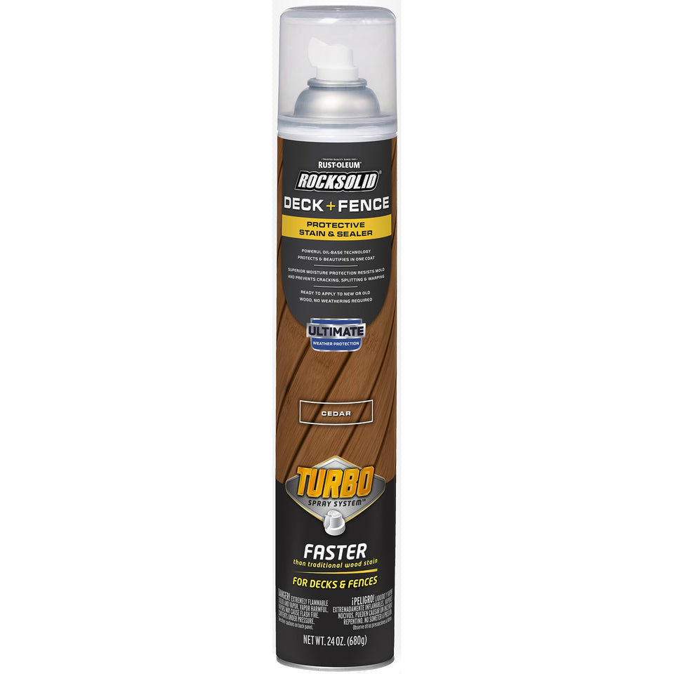 RockSolid Deck+Fence stain bottle applying for even color on wood.