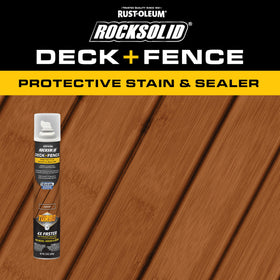 RockSolid deck-fence wood being sealed on weathered boards for protection.
