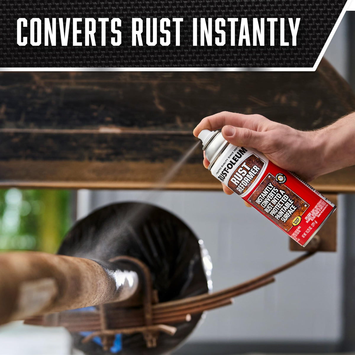Rust-Oleum Rust Reformer shows any-angle spray capability, including upside-down application.