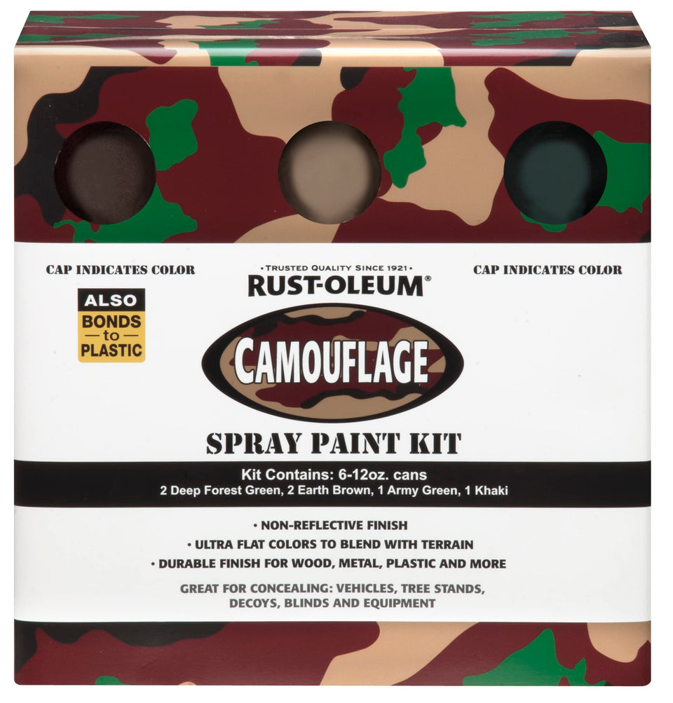 Rust-Oleum camouflage spray can forest green for non-reflective concealment on metal
