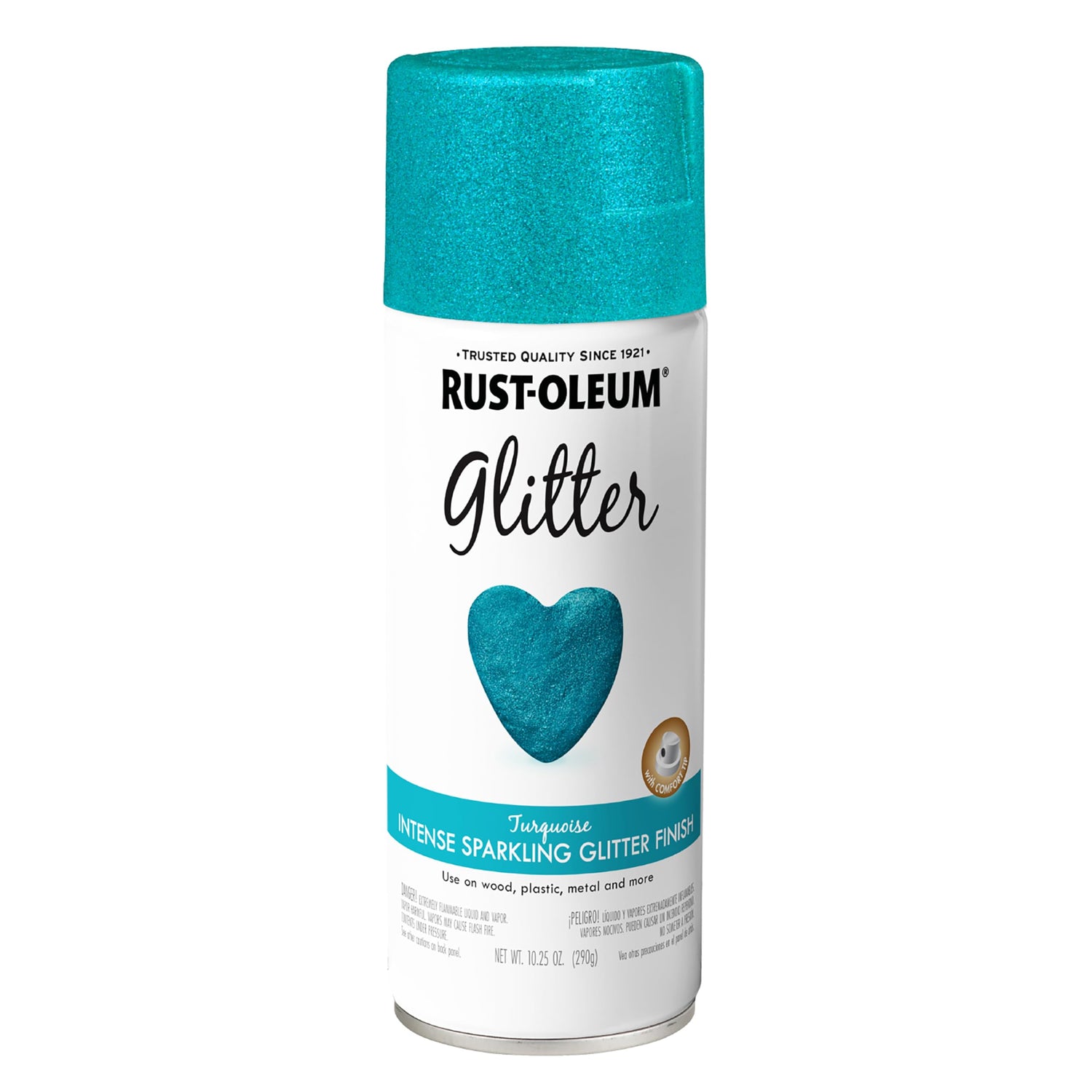 Rust-Oleum Specialty Glitter Spray turquoise bottle adds bold sparkle to décor projects.