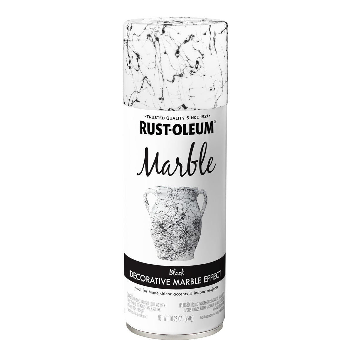 Rust-Oleum Specialty Marble Spray Paint in black recreates marble veining on a vase.
