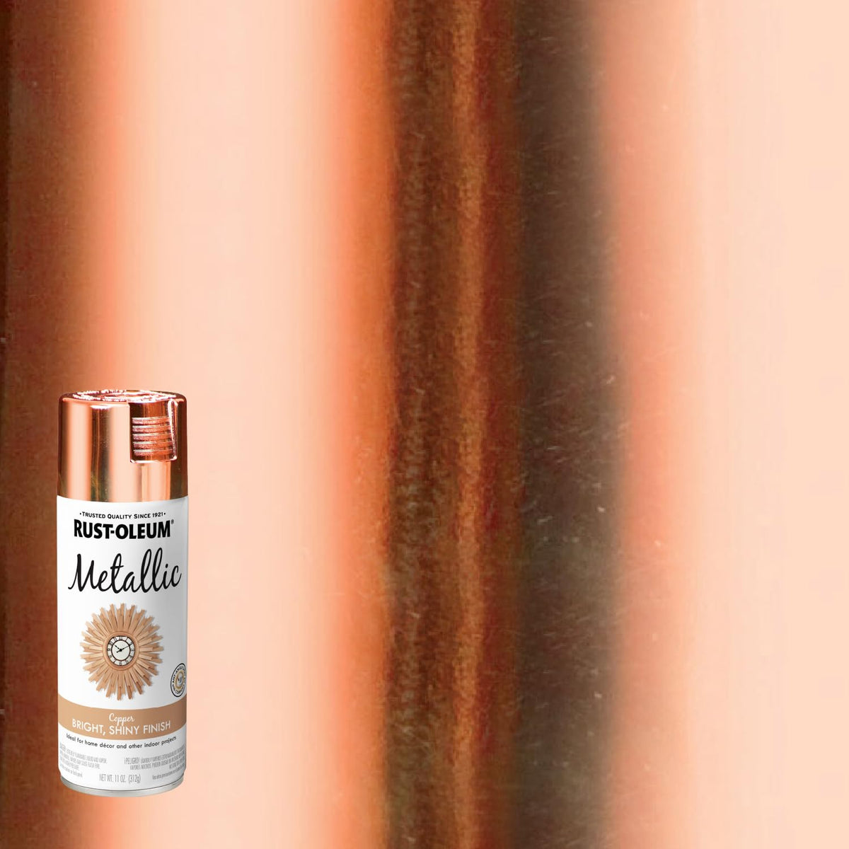 Rust-Oleum Specialty Metallic Spray Copper on wood creates dramatic decorative shine.
