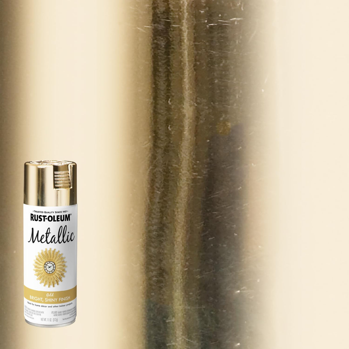 Rust-Oleum Specialty Metallic Spray Gold on wood creates a shiny interior accent.