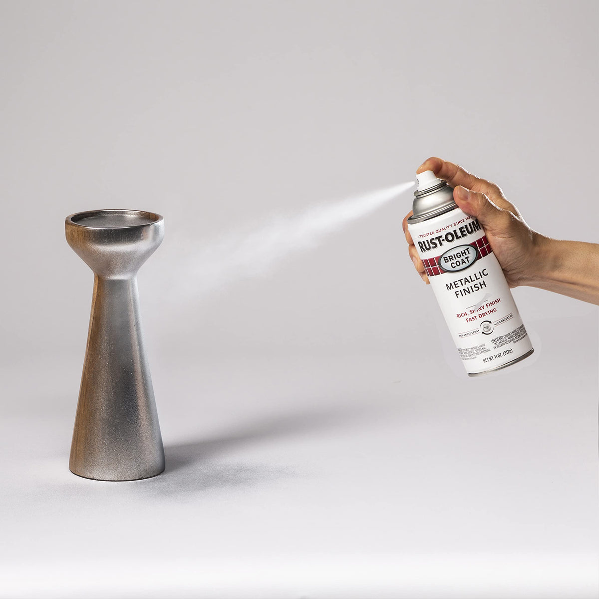 Rust-Oleum Stops Rust Bright Coat Chrome on wood surfaces for bold chrome shine.