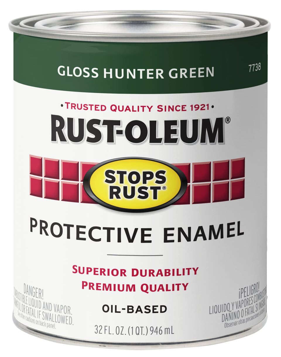 Rust-Oleum Stops Rust brush-on paint in gloss hunter green protects metal surfaces with a durable finish
