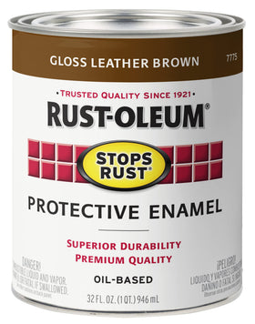 Rust-Oleum Stops Rust brush-on paint in gloss leather brown shields wood and metal.