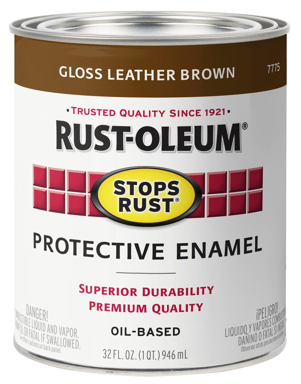 Rust-Oleum Stops Rust brush-on paint in gloss leather brown shields wood and metal.