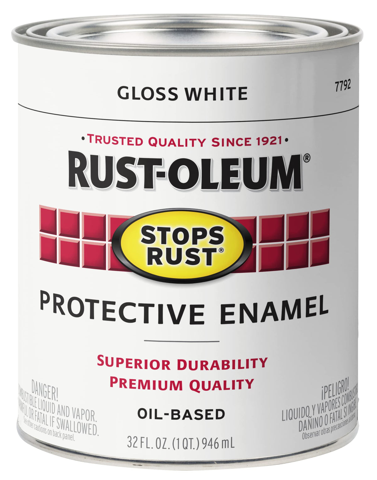 Rust-Oleum Stops Rust bottle with gloss white brush-on paint for metal and wood protection.
