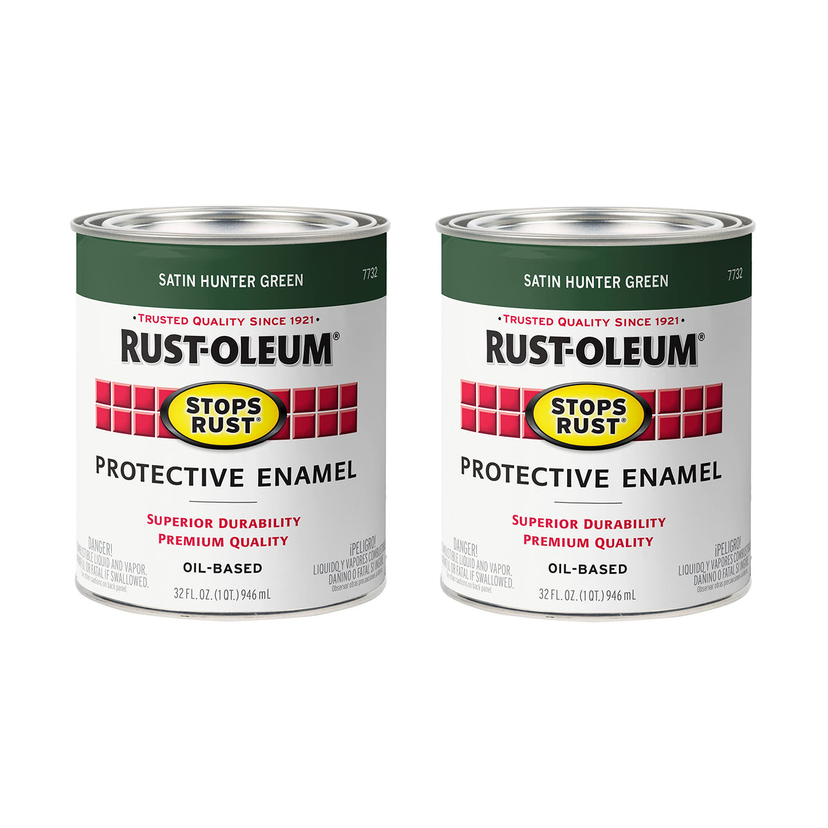 Rust-Oleum Stops Rust enamel satin hunter green protects metal and wood surfaces.
