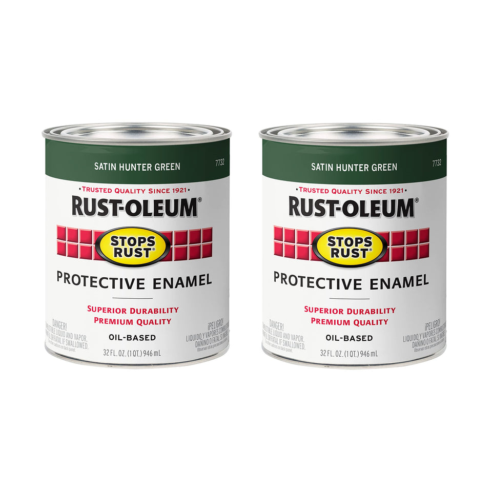 Rust-Oleum Stops Rust enamel satin hunter green protects metal and wood surfaces.