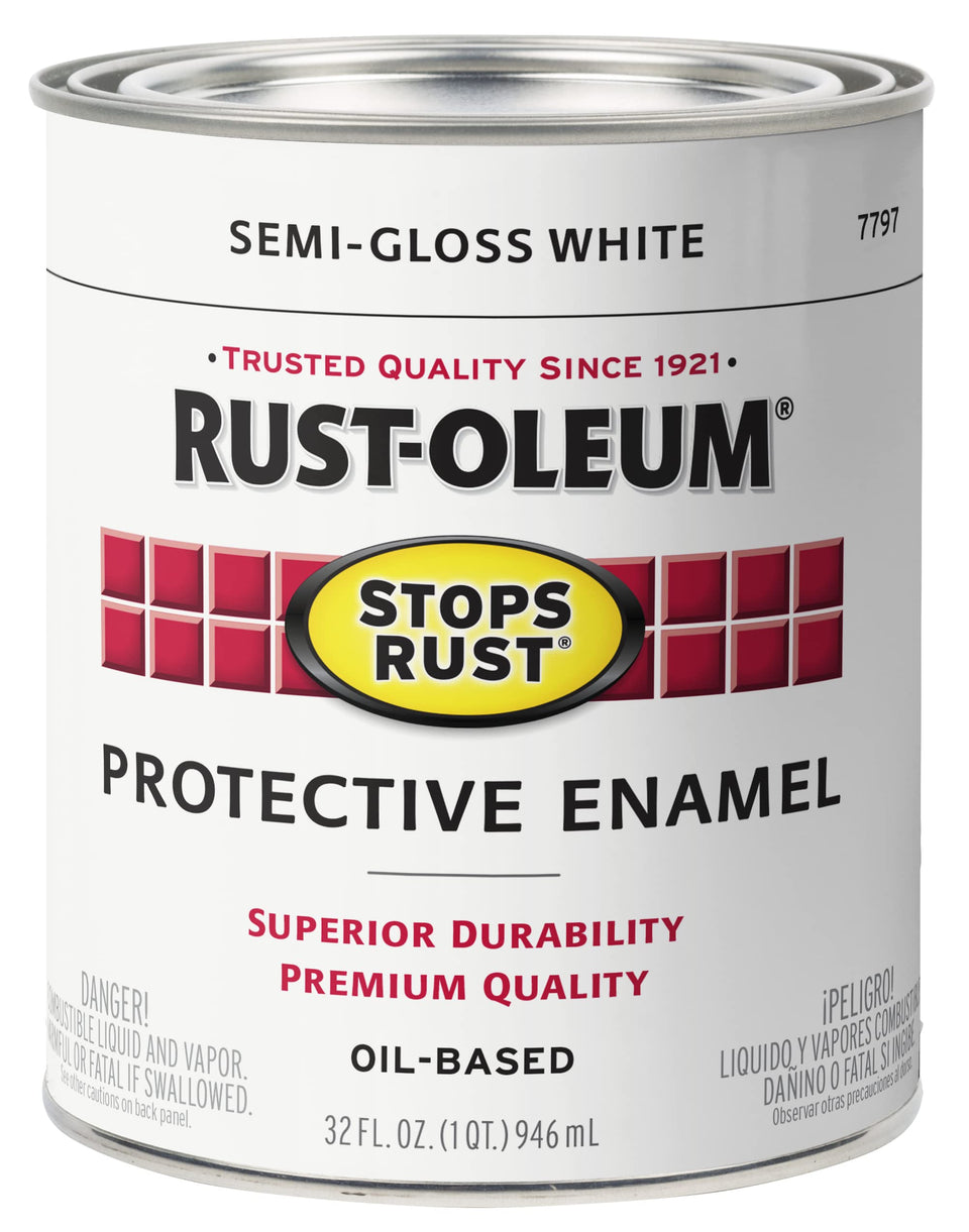Rust-Oleum Stops Rust brush-on paint on white metal surface provides durable protection.