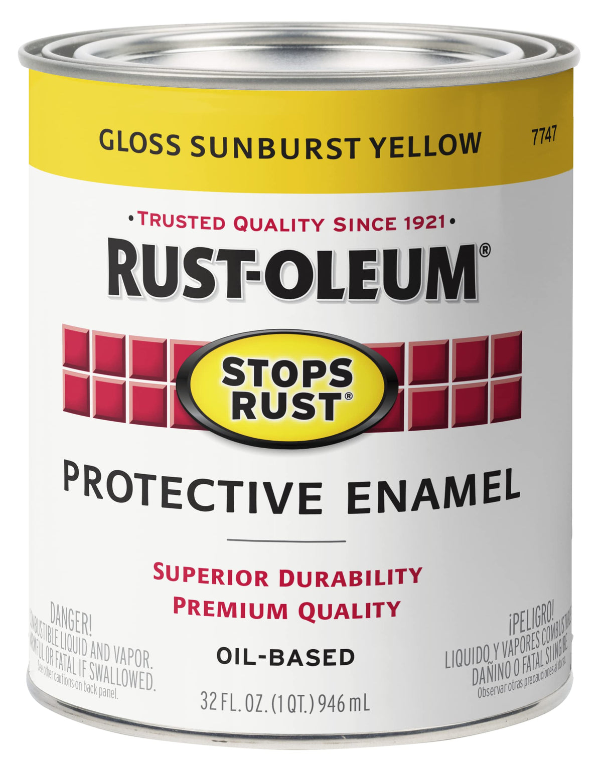 Rust-Oleum Stops Rust brush-on paint Sunburst Yellow on quart can for metal protection.
