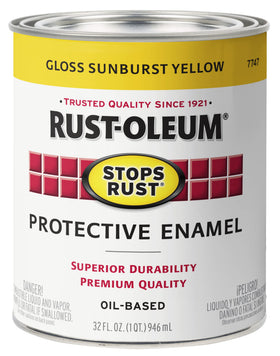 Rust-Oleum Stops Rust brush-on paint Sunburst Yellow on quart can for metal protection.