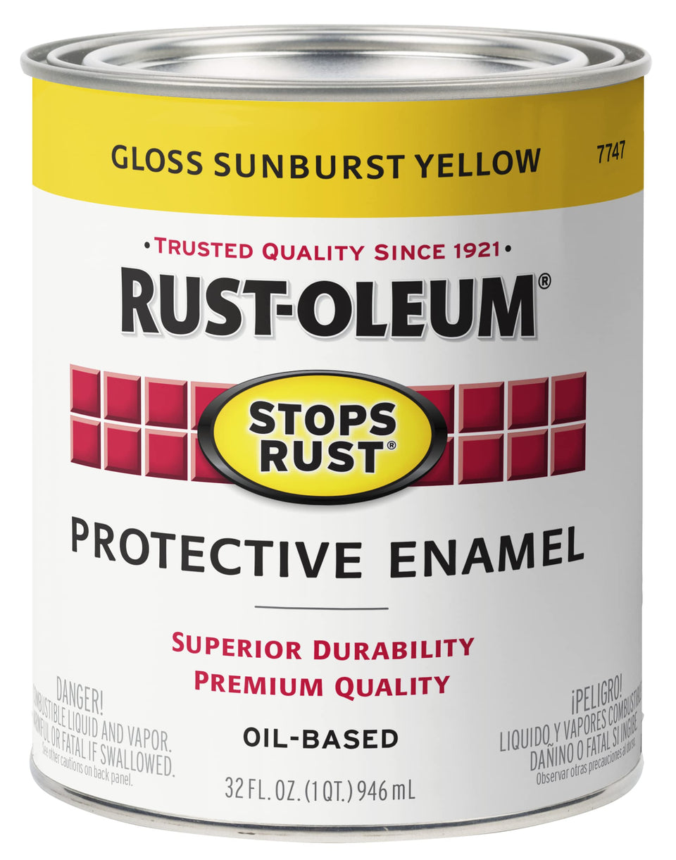 Rust-Oleum Stops Rust brush-on paint Sunburst Yellow on quart can for metal protection.