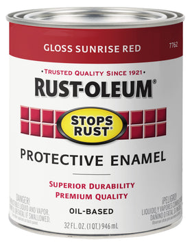 Rust-Oleum Stops Rust brush-on paint in Sunrise Red for durable exterior and interior protection.