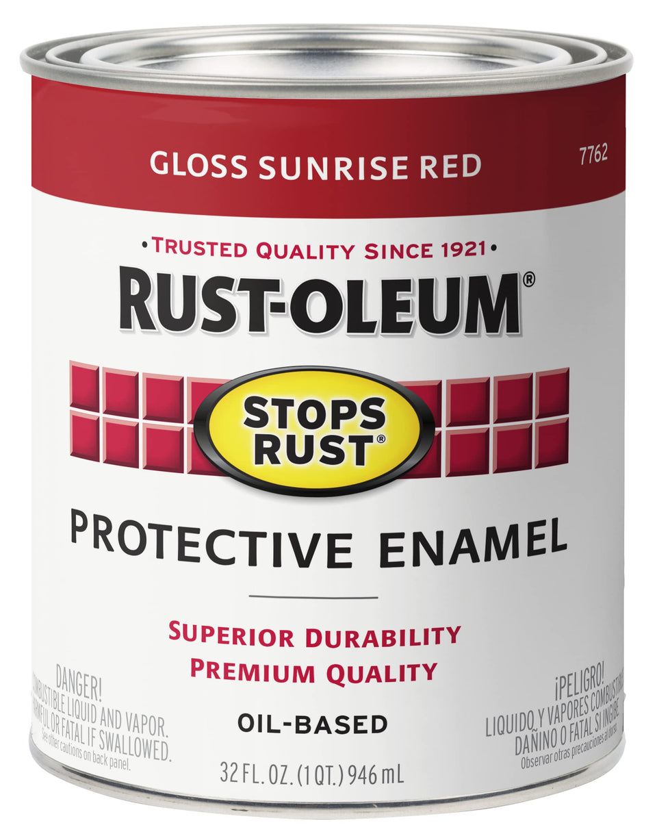 Rust-Oleum Stops Rust brush-on paint in Sunrise Red for durable exterior and interior protection.