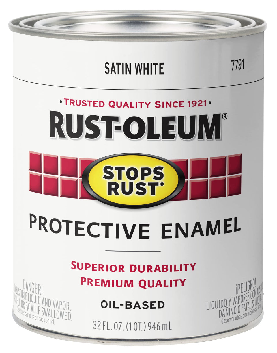 Rust-Oleum Stops Rust brush paint quart satin white protects exterior metal surfaces.