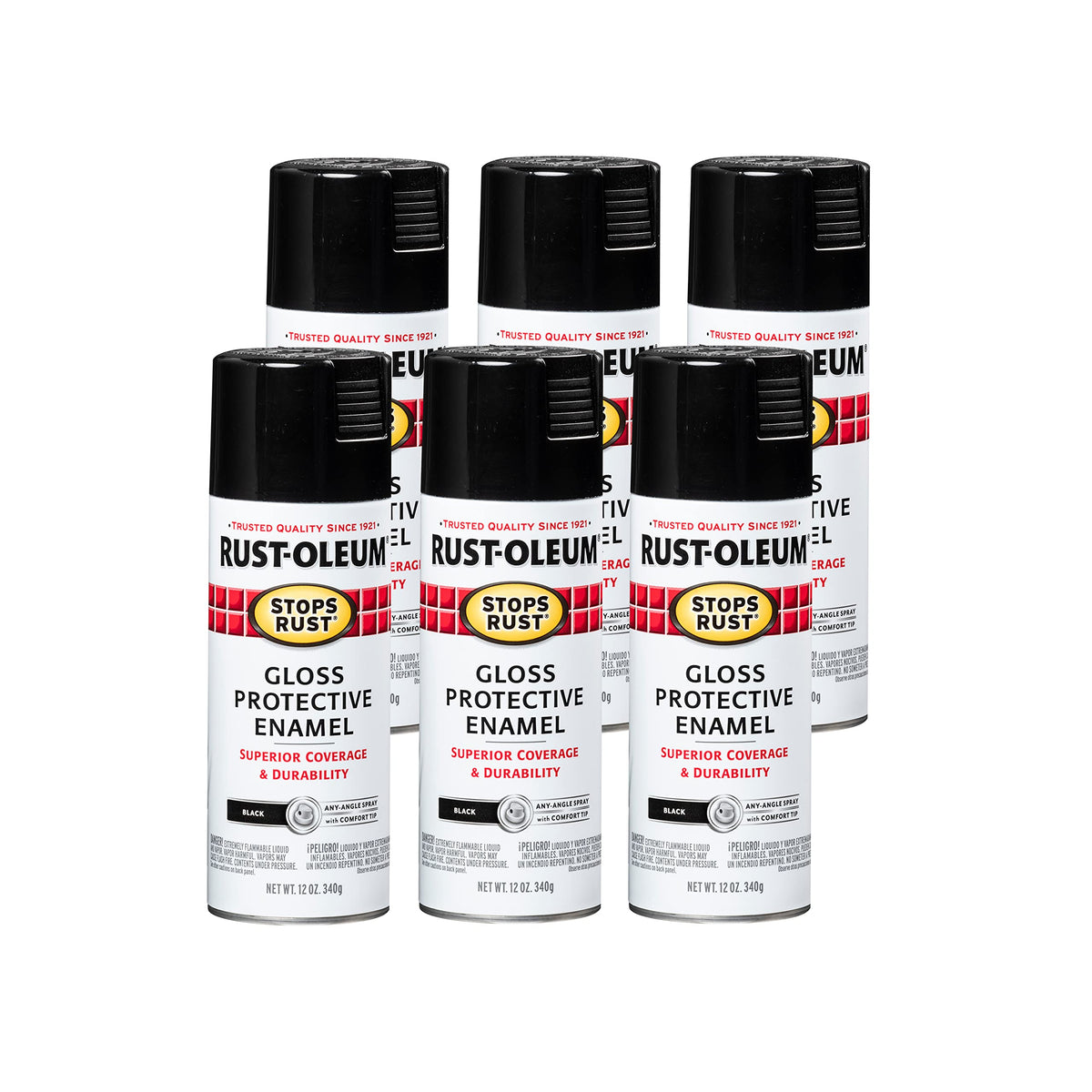 Rust-Oleum Stops Rust gloss black spray paint protects metal and wood surfaces.