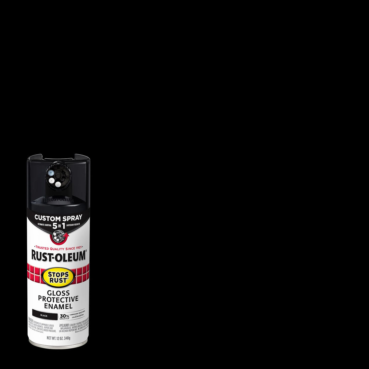 Gloss black can of Rust-Oleum Stops Rust for durable metal finishes.