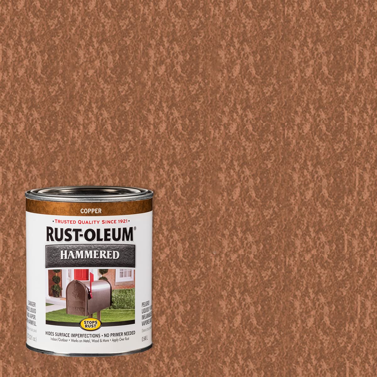 Rust-Oleum Stops Rust Hammered Copper applied to a wheelbarrow metal surface.
