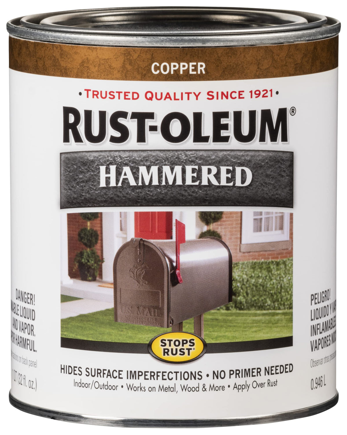 Rust-Oleum Stops Rust Hammered Copper quart can coats metal surfaces with a durable hammered finish.