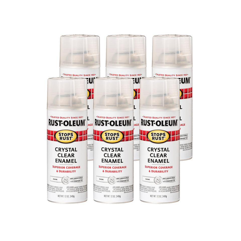 Rust-Oleum Stops Rust spray can front showing crystal-clear protection for metal and more