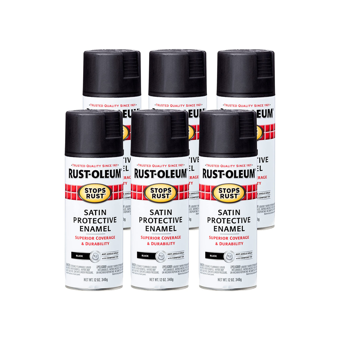 Rust-Oleum Stops Rust spray paint can showing rust protection for metal and wood