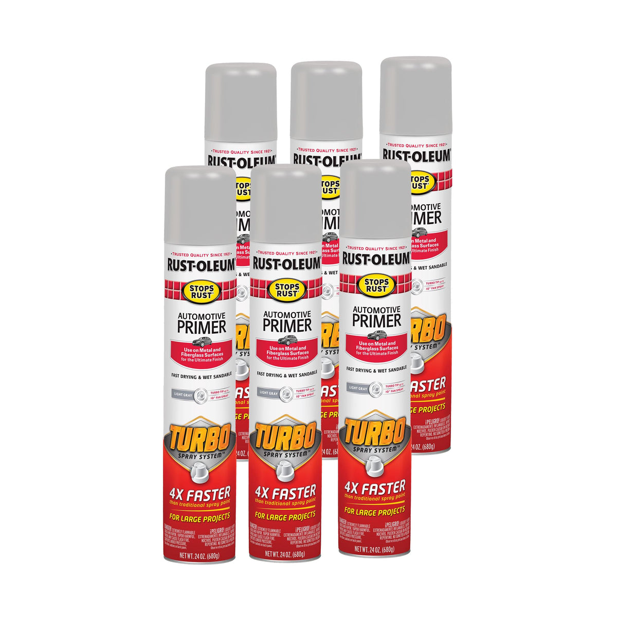 Rust-Oleum Stops Rust Turbo Automotive Primer spray can front view highlights quick coverage.