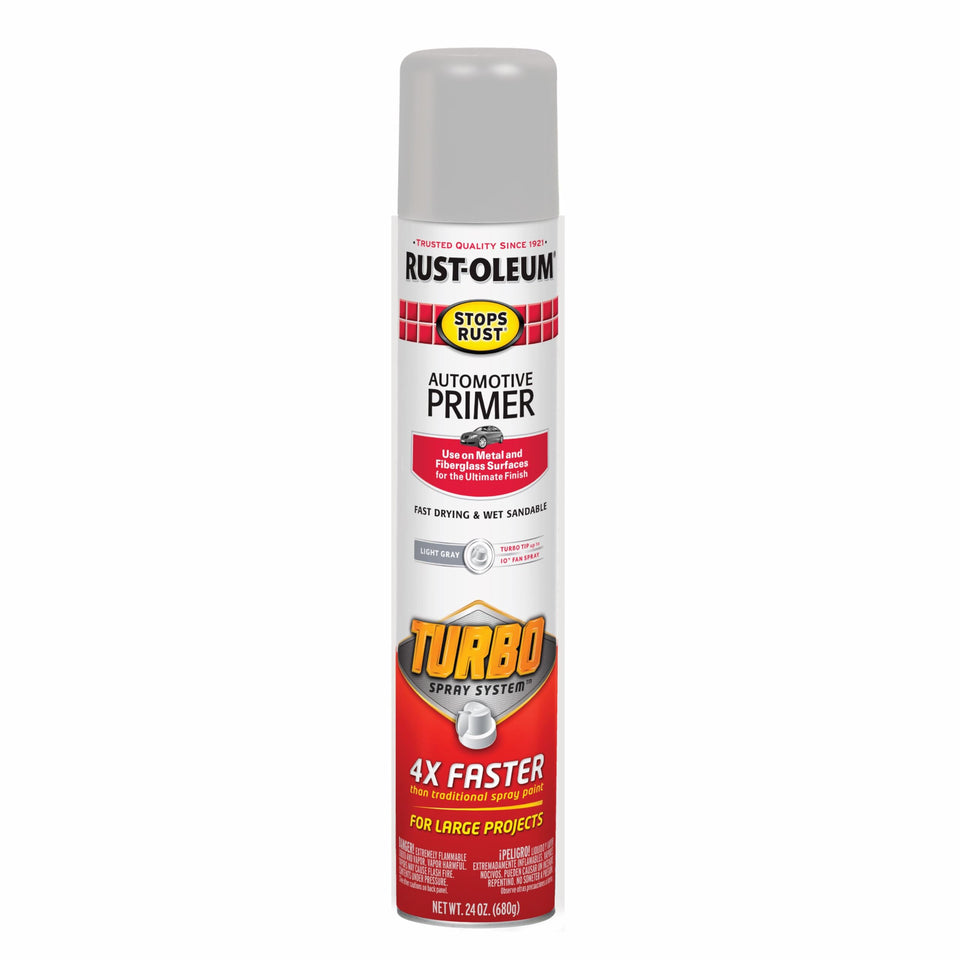 Rust-Oleum Stops Rust Turbo Automotive Primer Spray can front view for fast topcoat adhesion