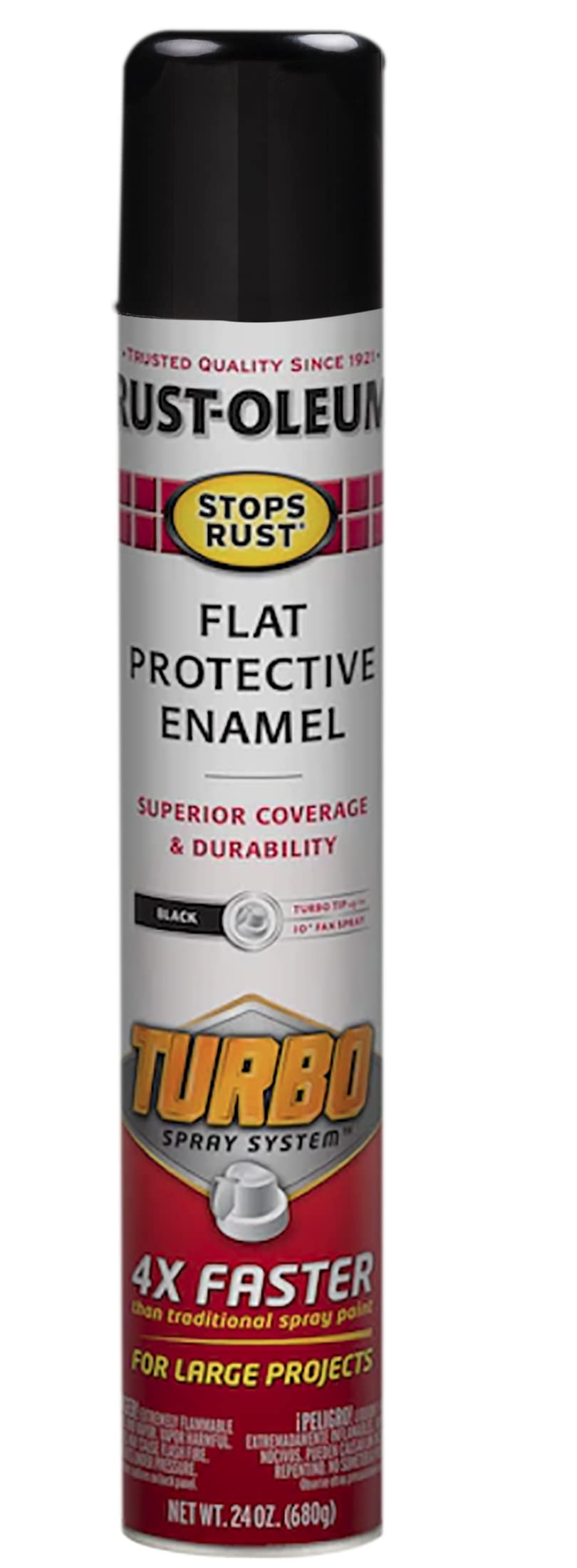 Rust-Oleum Stops Rust Turbo Spray can showing flat black color and finish for rust protection