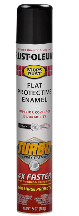 Rust-Oleum Stops Rust Turbo Spray can showing flat black color and finish for rust protection