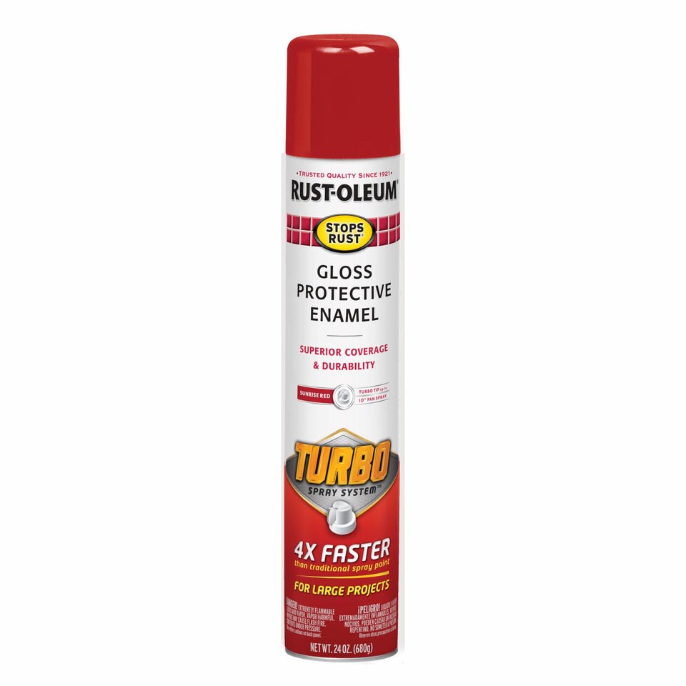 Rust-Oleum Stops Rust Turbo Spray Paint Sunrise Red on metal with glossy finish