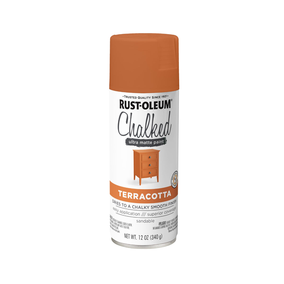 Rust-Oleum Terracotta Chalked spray paint can for quick furniture refresh with one-coat coverage