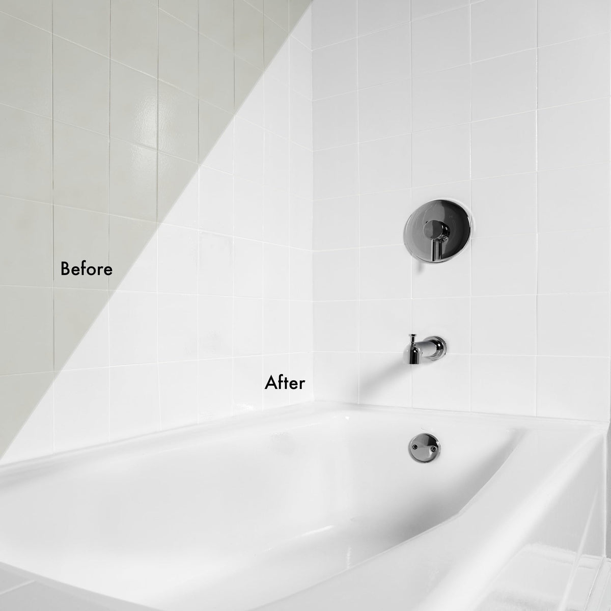 Before and after tiles showing improved appearance after Rust-Oleum refinishing.