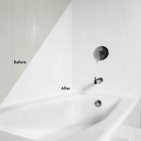 Before and after tiles showing improved appearance after Rust-Oleum refinishing.