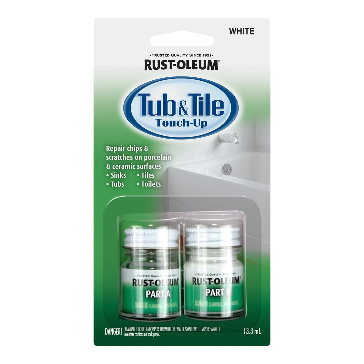 Rust-Oleum Tub and Tile 2-Part Touch-Up Kit shows white finish for quick revamp