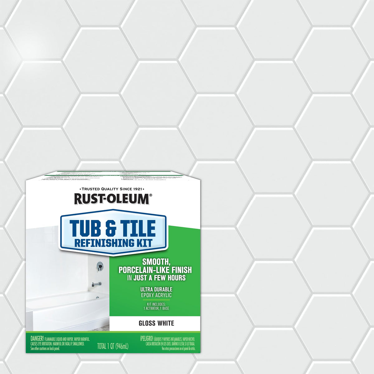 Rust-Oleum tub and tile kit contents laid out for a moisture-resistant bathroom makeover.