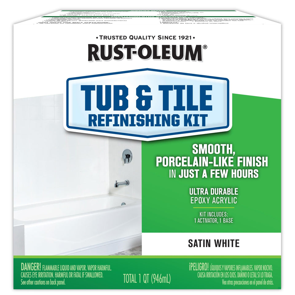 Rust-Oleum tub and tile refinishing kit package ready for a bathroom refresh.
