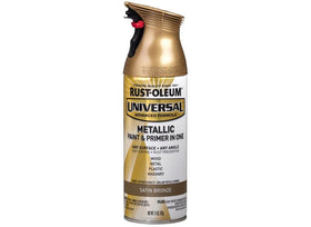 Rust-Oleum Universal All-Surface Satin Bronze spray can applying a rich metallic finish on wood