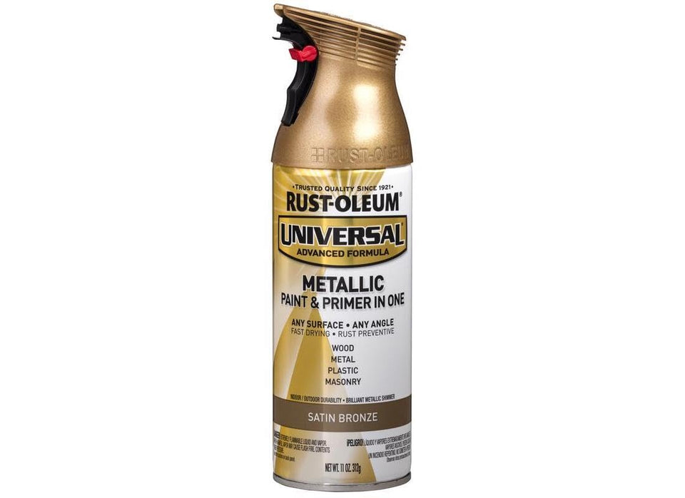 Rust-Oleum Universal All-Surface Satin Bronze spray can applying a rich metallic finish on wood