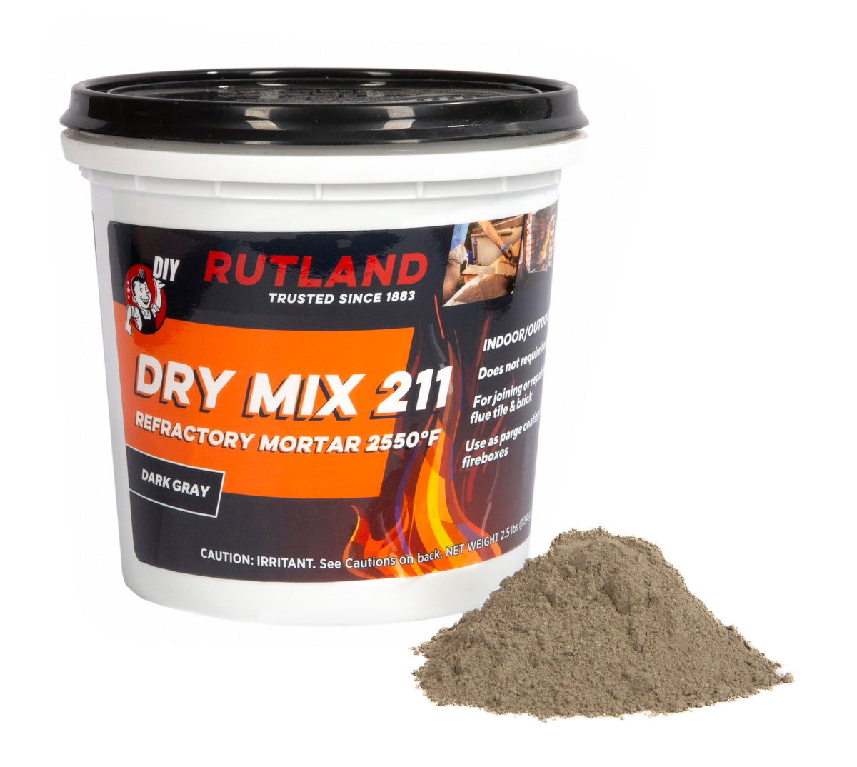 Rutland Dry Mix 211 bag close-up showing USA-made high-temperature mortar for masonry repair.