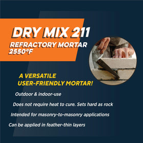 Rutland Dry Mix 211 label close-up highlighting 2550°F fire cement specification.