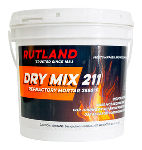 Rutland Dry Mix 211 USA-made label indicating high-temperature mortar