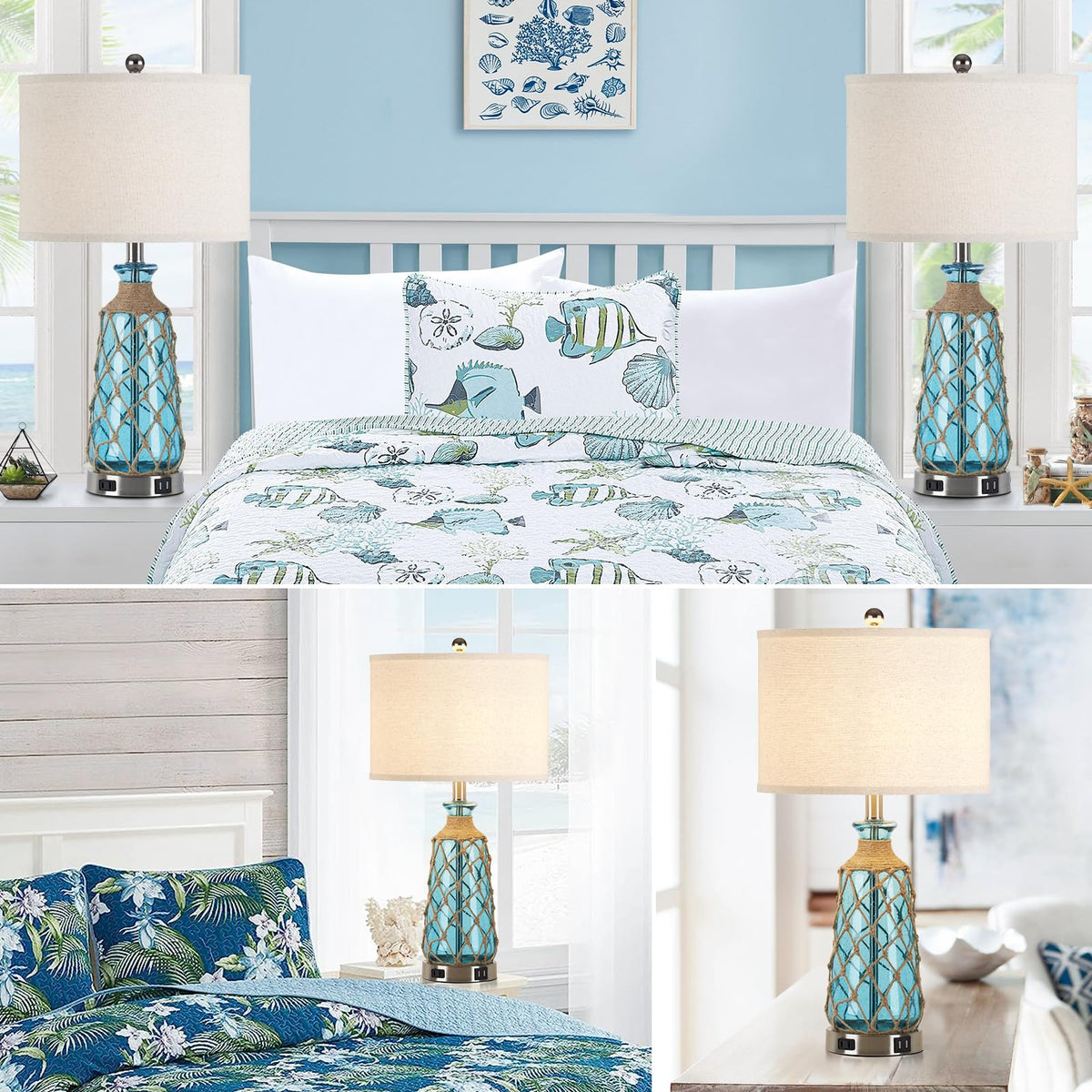 Ruzectt linen beige shade with blue glass for a coastal look.
