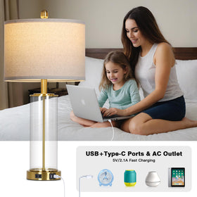 Ruzectt table lamp showing USB-C/USB-A ports and an AC outlet for devices.