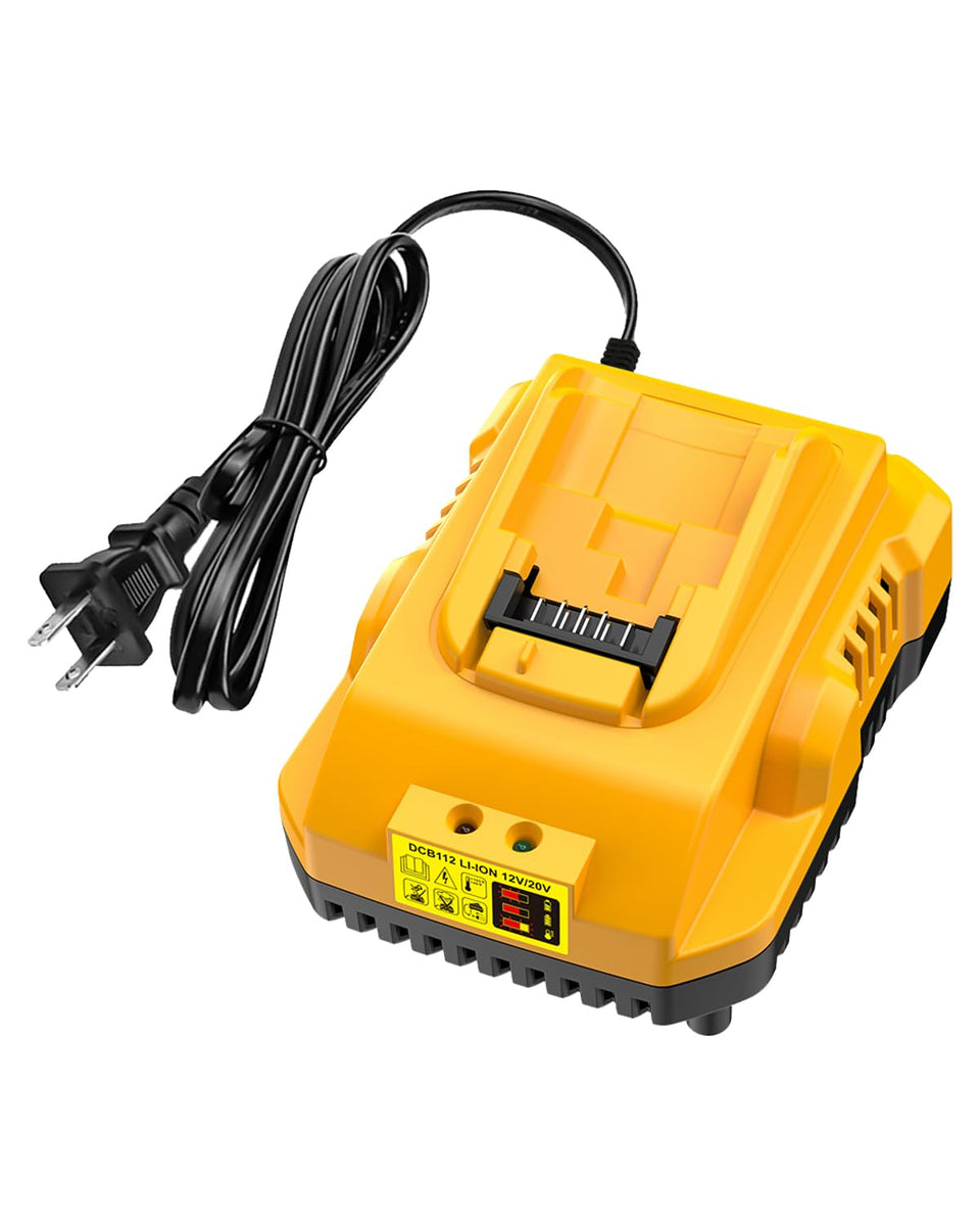Ruzixt DCB112 charger front view showing compatibility with Dewalt batteries for quick charging.