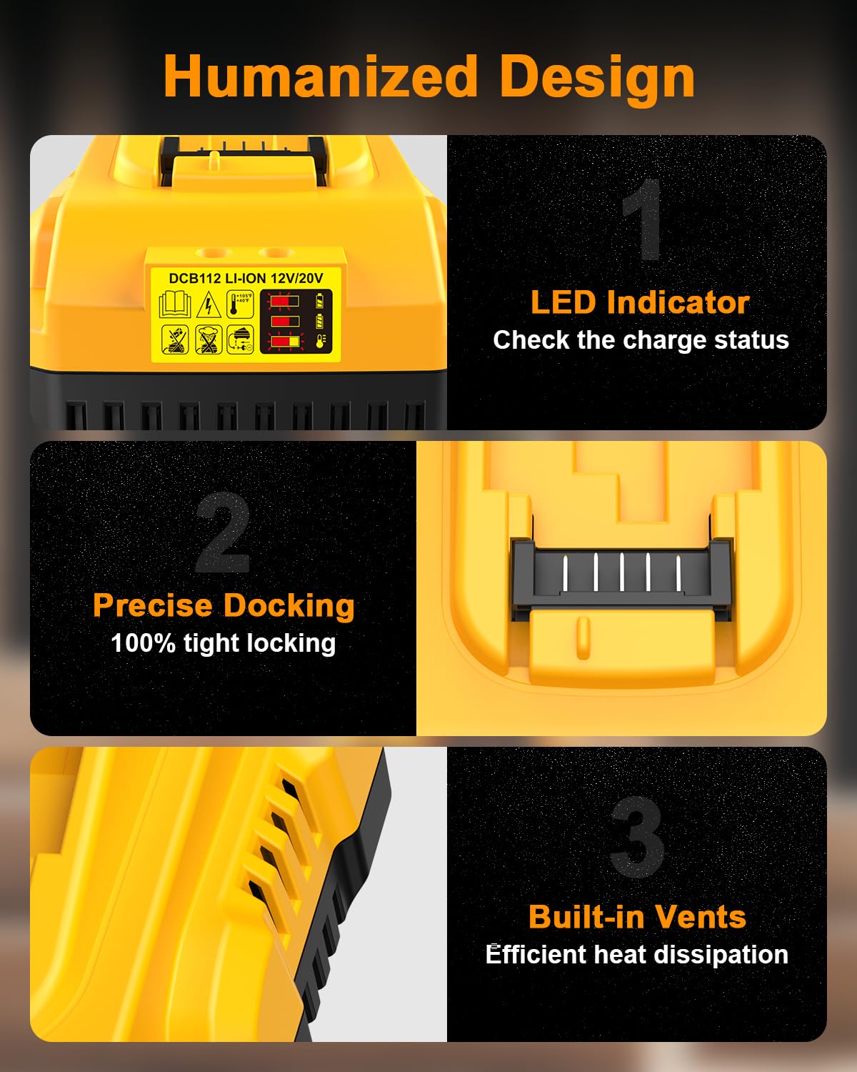Ruzixt DCB112 charger on a workbench with Dewalt batteries ready.