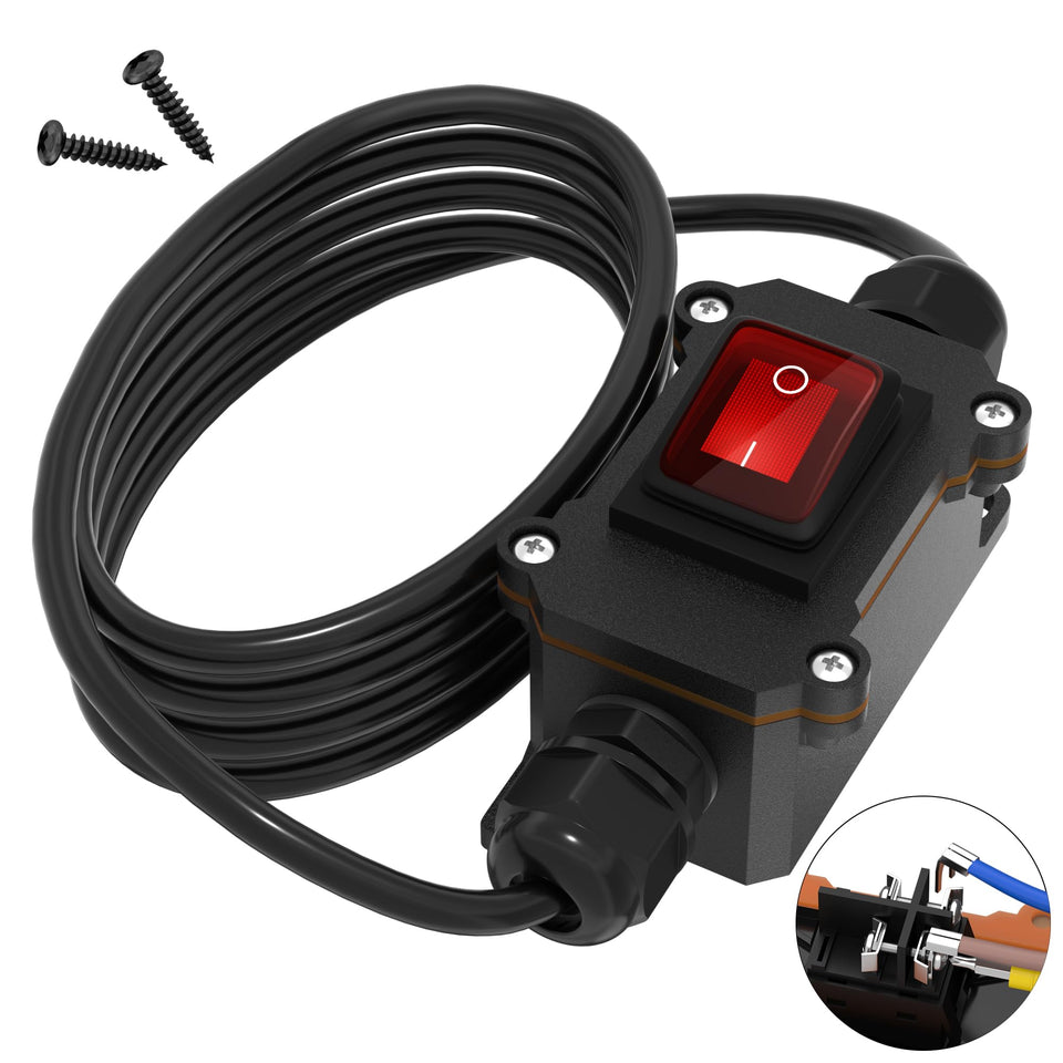 RVBOATPAT inline cord switch front view with red LED indicator for outdoor use