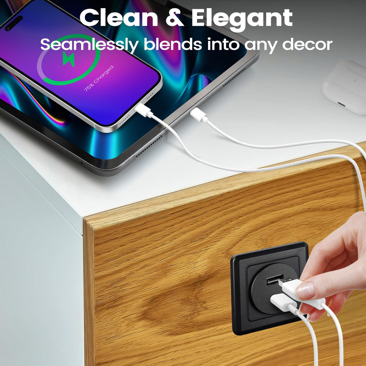 PD3.0 30W USB-C port enables fast top-ups for smartphones and tablets.